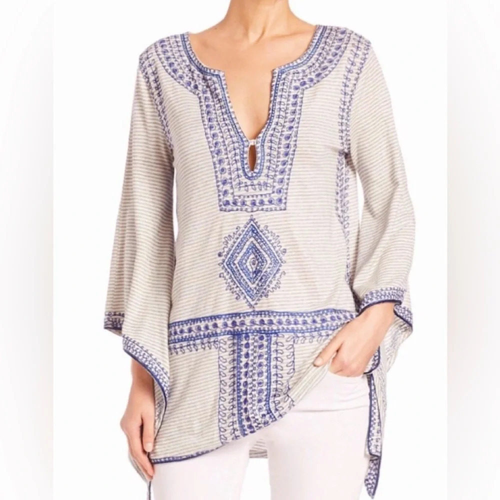 Calypso St Barth Etasa linen embroidered blue gray tunic top coverup poupette